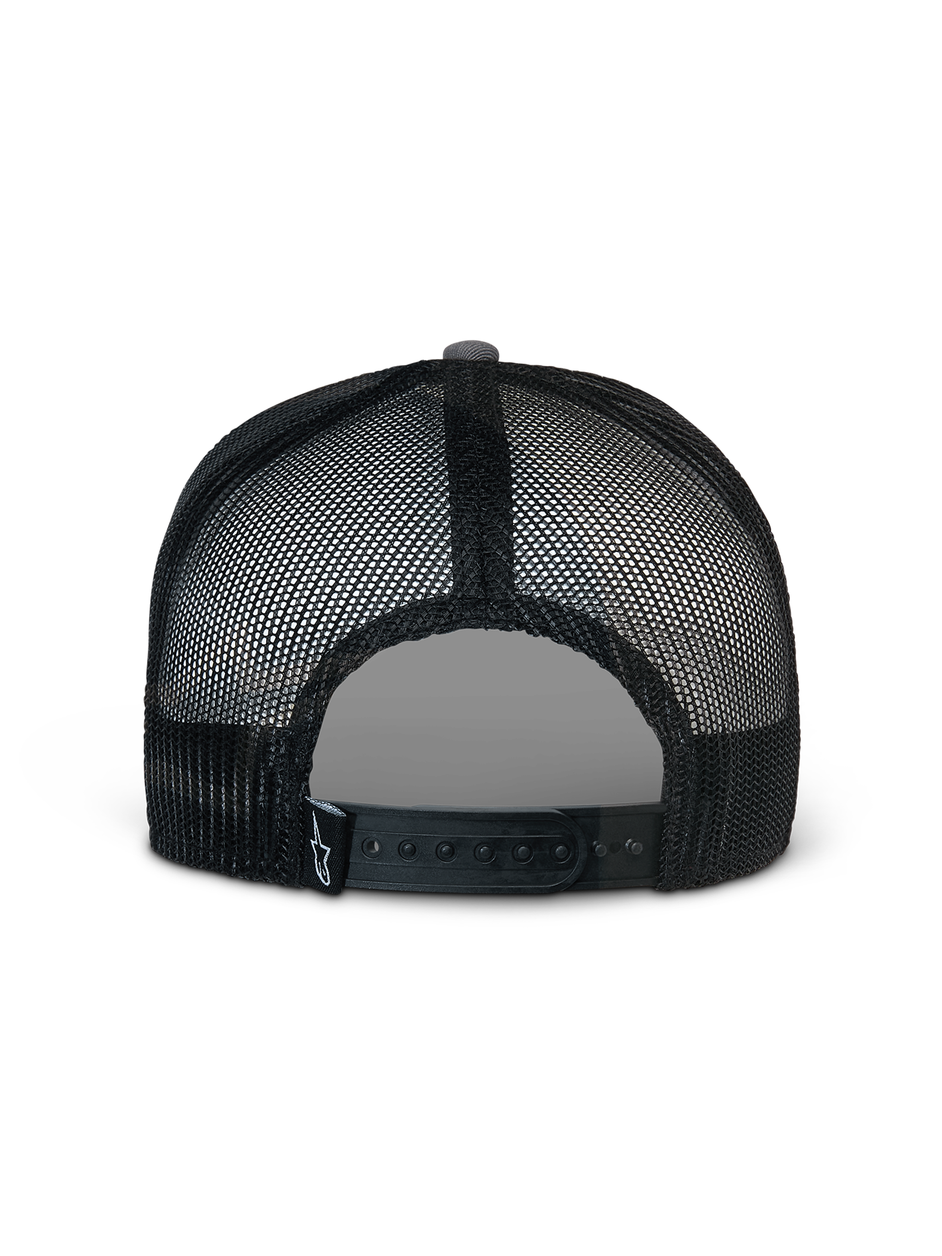 Alpinestars Corp Trucker Cap, Grau und Schwarz, Rückansicht mit schwarzen Mesh-Einsätzen und verstellbarem Snapback-Verschluss, kleines weißes Stern-Logo auf schwarzem Etikett an der Rückseite, lässige Kopfbedeckung