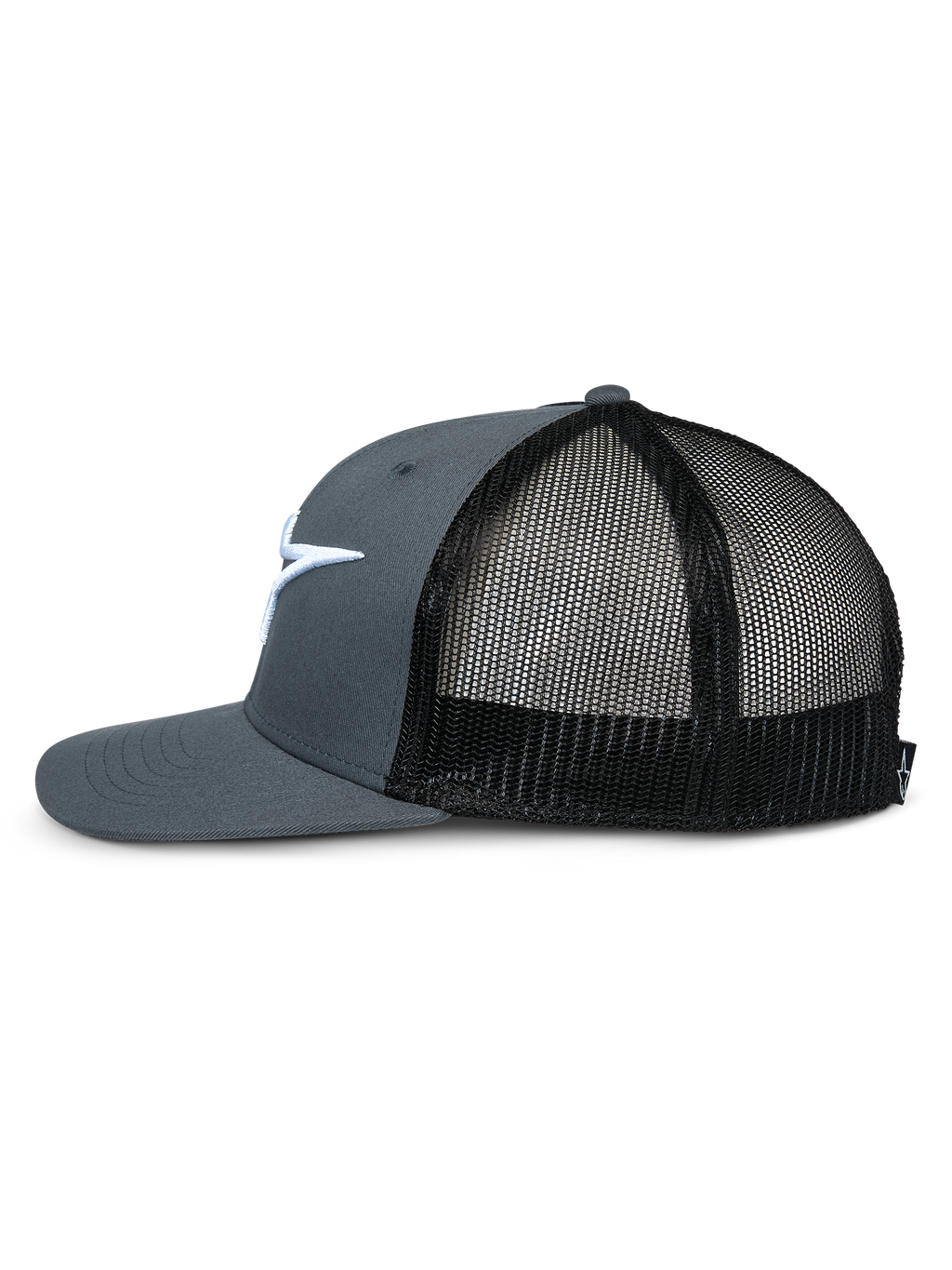 Alpinestars Corp Trucker, Trucker-Cap, Grau und Schwarz, Seitenansicht mit flachem Schirm, strukturierter grauer Krone, schwarzen Mesh-Einsätzen hinten und weiß besticktem Logo, lässige vom Motorsport inspirierte Kopfbedeckung