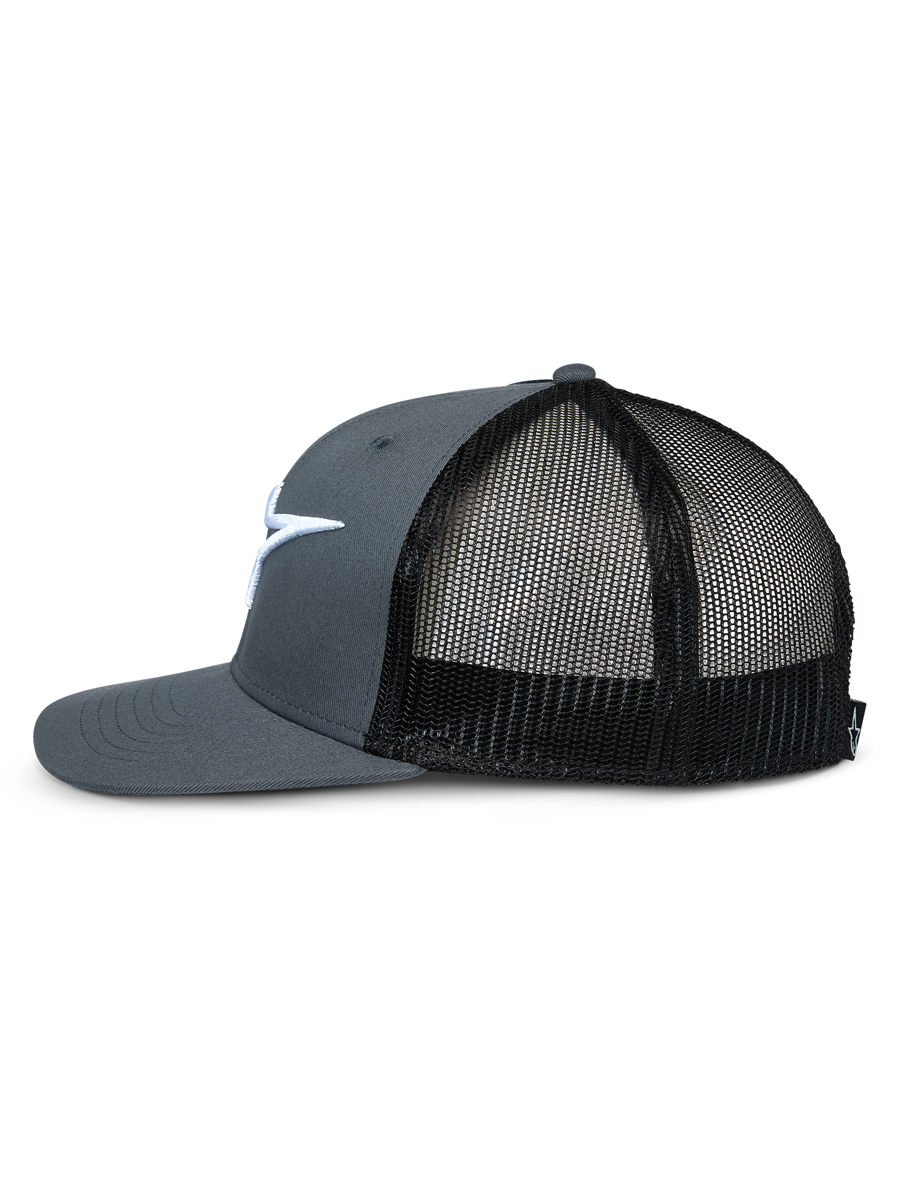 Alpinestars Corp Trucker, Trucker-Cap, Grau und Schwarz, Seitenansicht mit flachem Schirm, strukturierter grauer Krone, schwarzen Mesh-Einsätzen hinten und weiß besticktem Logo, lässige vom Motorsport inspirierte Kopfbedeckung