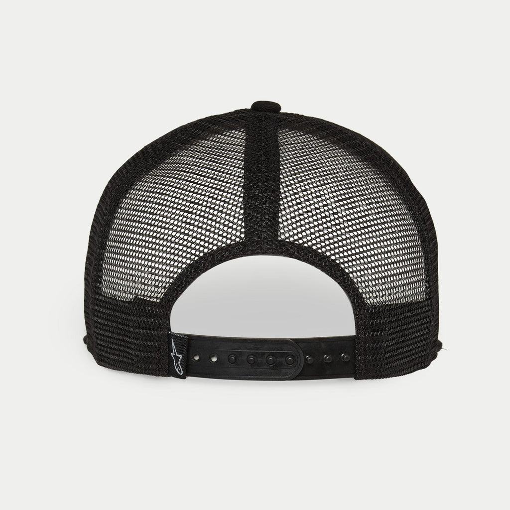 Alpinestars Corp Trucker-Mütze, Weiß und Schwarz, Rückansicht mit schwarzen atmungsaktiven Mesh-Einsätzen, verstellbarer Snapback-Verschluss, kleines Alpinestars-Logo auf dem hinteren Etikett, lässige, vom Motorsport inspirierte Kopfbedeckung