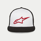 Alpinestars Corp Trucker-Mütze, Trucker-Cap mit flachem Schirm und strukturierter Krone, weißes Frontpanel mit schwarzer Mesh-Rückseite und schwarzem Schirm, rotes 3D-gesticktes Alpinestars-Logo, lässige Motorsport-Kopfbedeckung