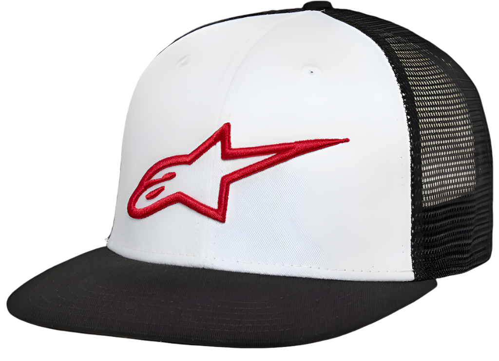 Alpinestars Corp Trucker Mütze, weiße Vorderseite mit schwarzem flachem Schirm und schwarzer Mesh-Rückseite, rotes 3D-besticktes Alpinestars-Stern-Logo, lässige Motorsport-Streetwear