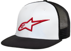 Alpinestars Corp Trucker Mütze, weiße Vorderseite mit schwarzem flachem Schirm und schwarzer Mesh-Rückseite, rotes 3D-besticktes Alpinestars-Stern-Logo, lässige Motorsport-Streetwear