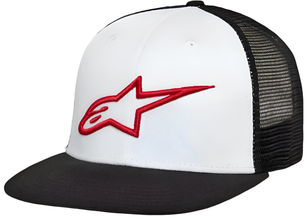 Alpinestars Corp Trucker Mütze, weiße Vorderseite mit schwarzem flachem Schirm und schwarzer Mesh-Rückseite, rotes 3D-besticktes Alpinestars-Stern-Logo, lässige Motorsport-Streetwear