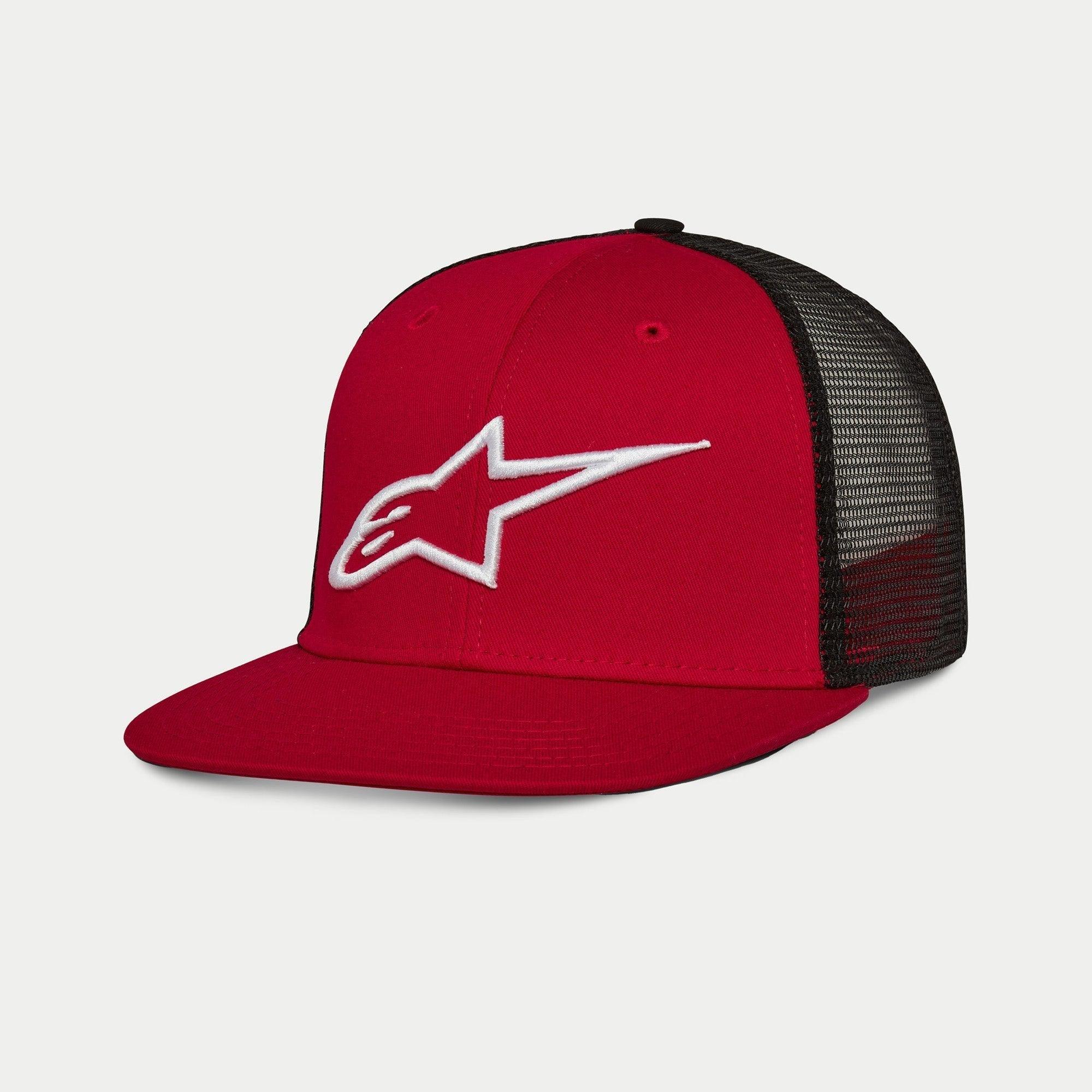 Alpinestars Corp Trucker Hat, Rot und Schwarz, Trucker-Cap mit flachem Schirm, rote Köper-Vorderseite und schwarze Mesh-Rückseite, weißes 3D-besticktes Logo, lässiges Streetwear-Design