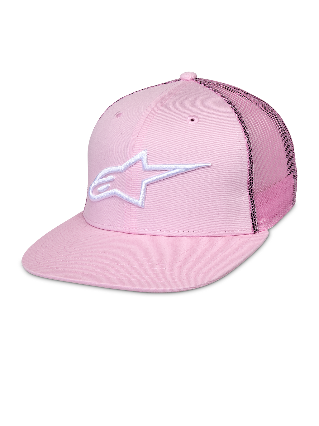 Alpinestars Corp Trucker Cap, pinkfarbene Snapback-Kappe mit weißem Stern-Logo, Mesh-Rückseite, strukturiertes Six-Panel-Design mit Belüftungsösen