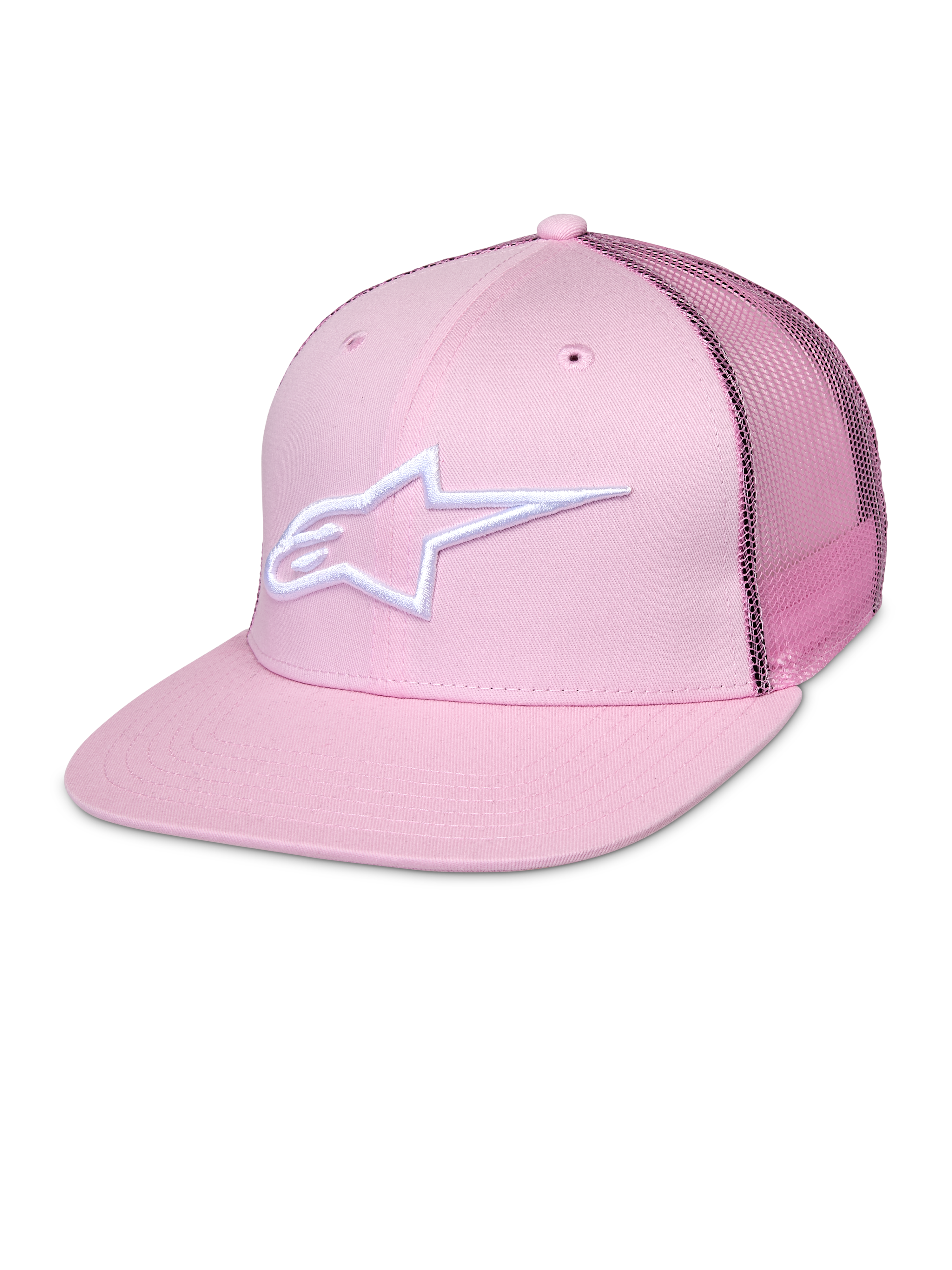 Alpinestars Corp Trucker Cap, Pink Snapback Hat with White Star Logo, Mesh Back Panels, Structured Six-Panel Design with Ventilation Eyelets