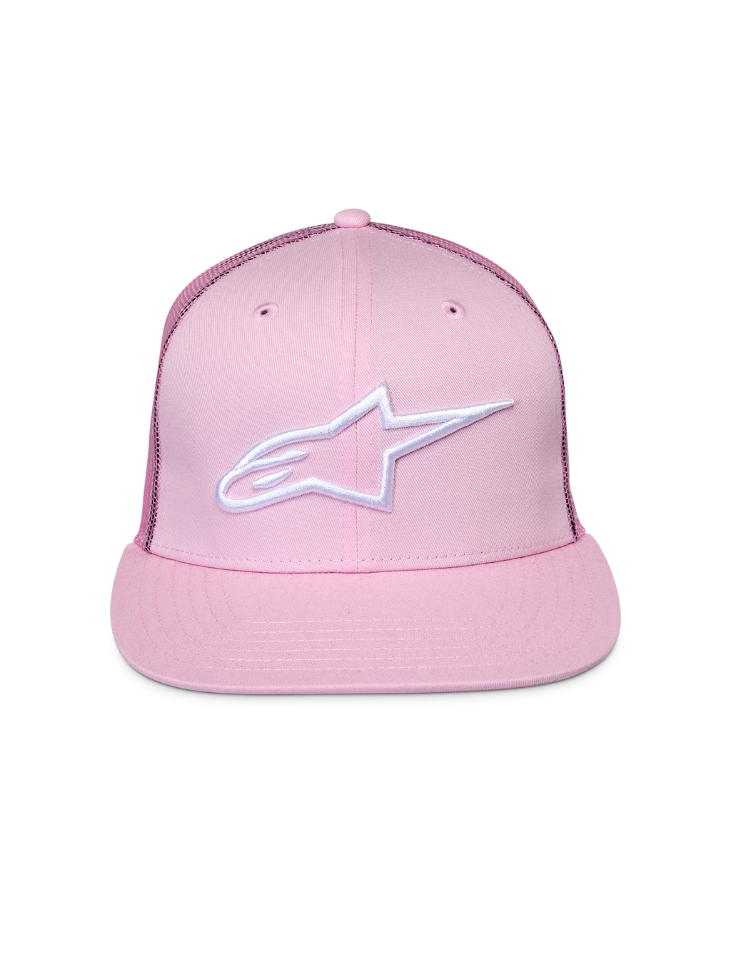 Alpinestars Corp Trucker Cap, Pink, mit weißem gesticktem Logo auf der Vorderseite, flacher Schirm mit strukturierter Krone, Mesh-Einsätze hinten, lässige Motorsport-Kopfbedeckung