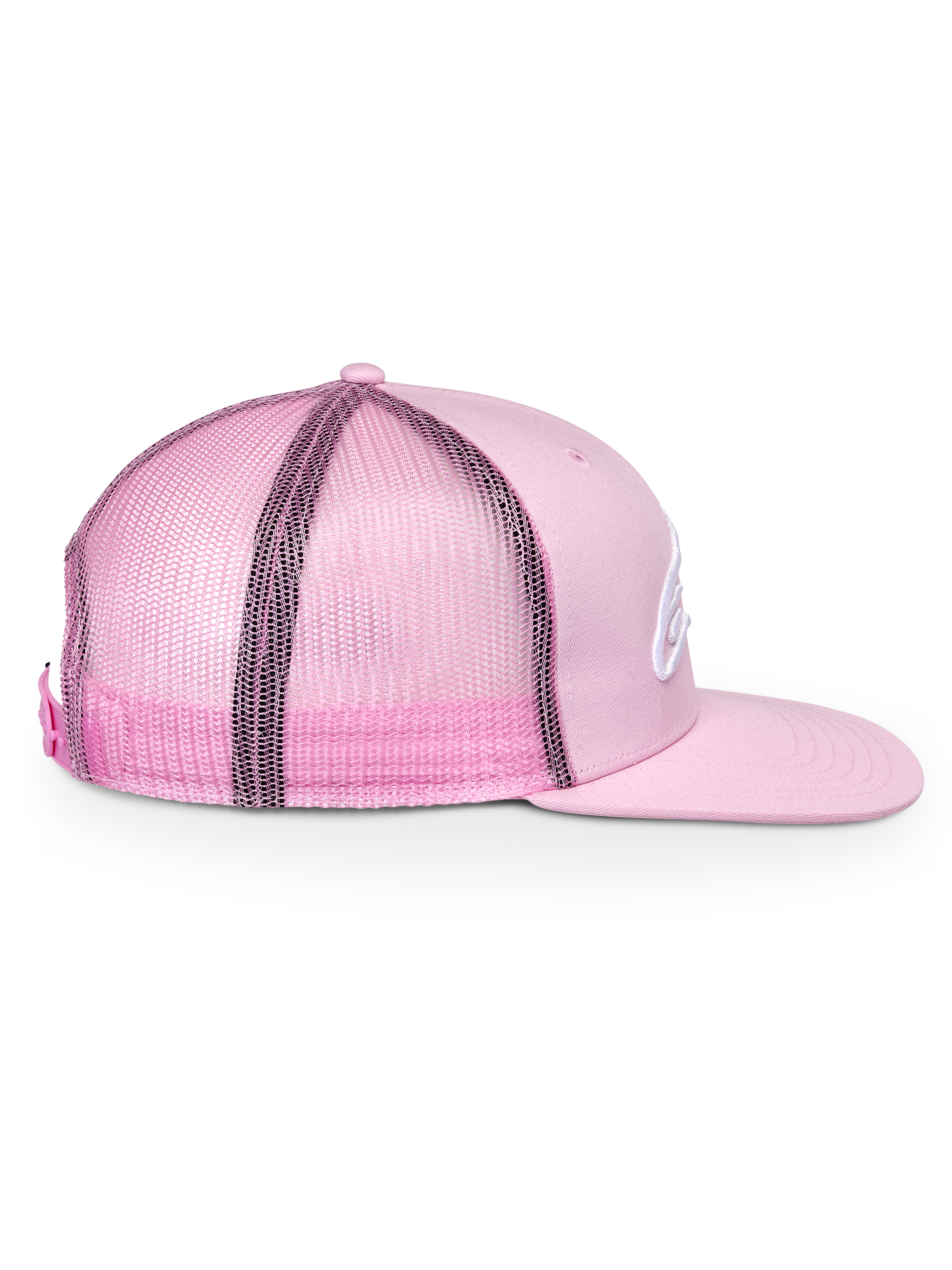 Alpinestars Corp Trucker Cap, Pink, Seitenansicht, strukturierte Krone mit flachem Schirm, Twill-Vorderseite und Mesh-Rückseite, verstellbarer Snapback-Verschluss, lässige Sport-Kopfbedeckung