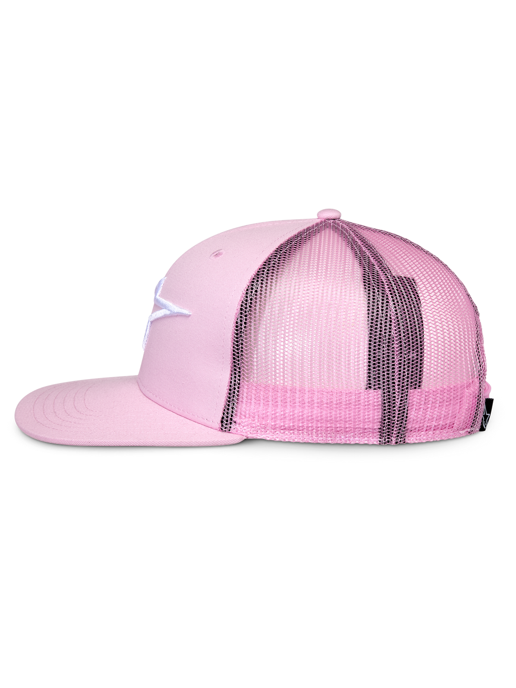Alpinestars Corp Trucker Cap, Pink, Seitenprofil, flacher Schirm und strukturierte Krone, weißes gesticktes Logo auf der Twill-Vorderseite, pinkfarbene Mesh-Rückseite, verstellbares Snapback-Design, lässige Sportbekleidung