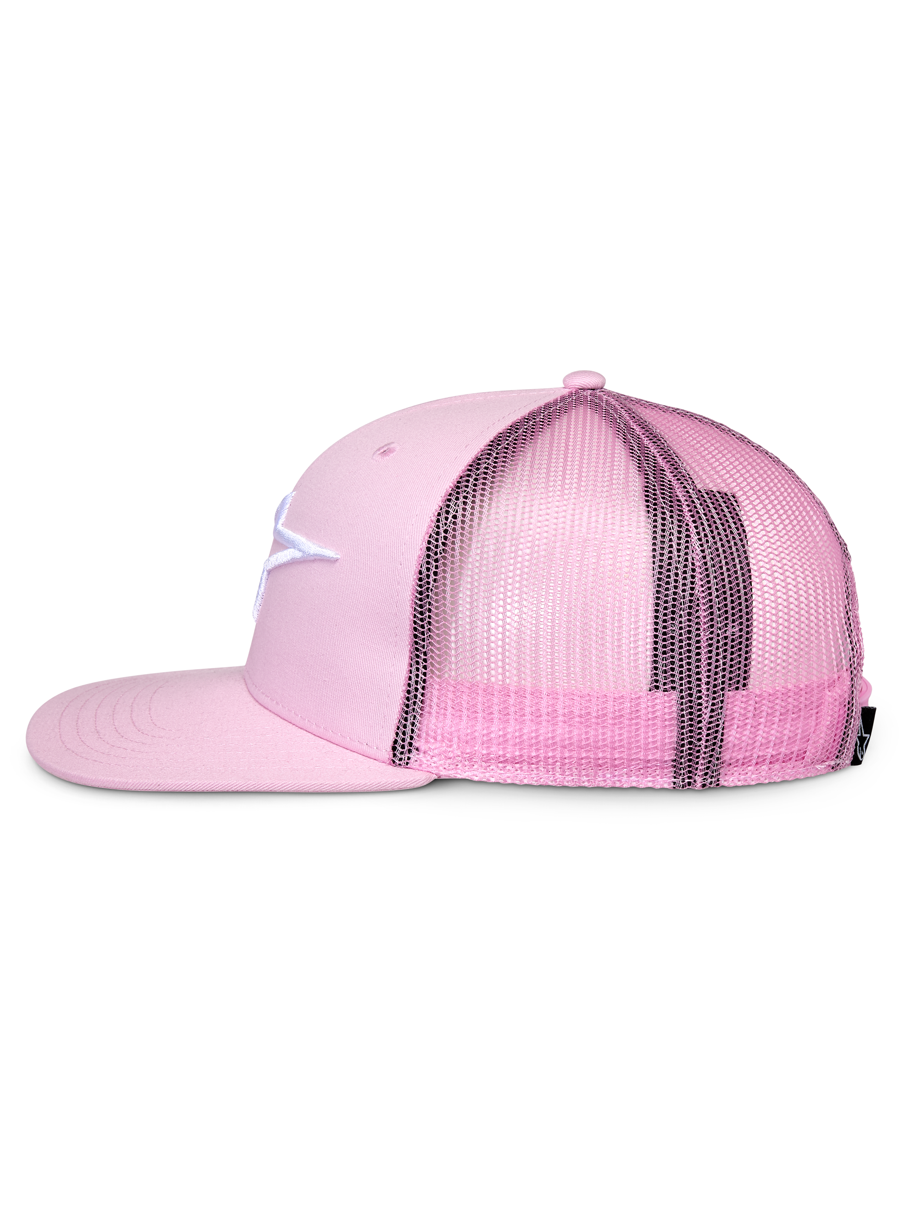 Alpinestars Corp Trucker Cap, Pink, Seitenprofil, flacher Schirm und strukturierte Krone, weißes gesticktes Logo auf der Twill-Vorderseite, pinkfarbene Mesh-Rückseite, verstellbares Snapback-Design, lässige Sportbekleidung