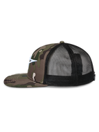 Alpinestars Corp Trucker Hat, side profile, Green Camo twill front and flat bill, black mesh back, white embroidered Astars logo, casual motorsport streetwear