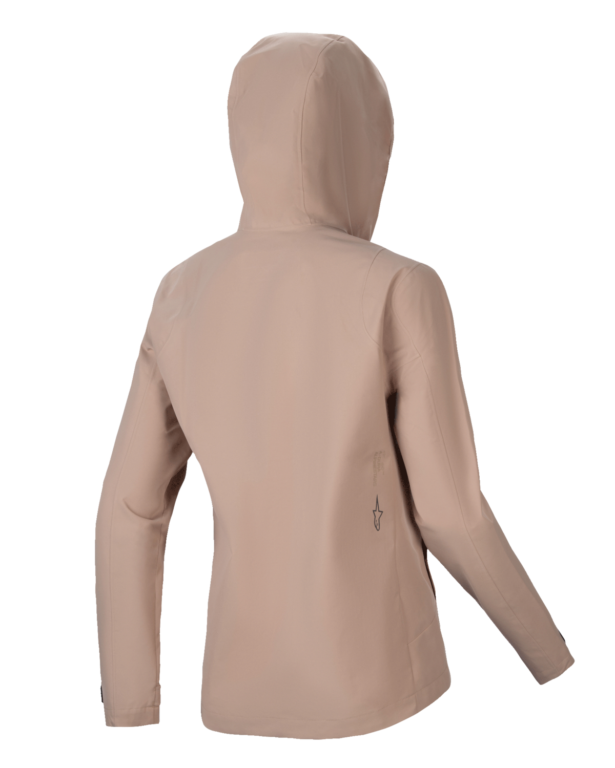 Alpinestars Stella A-Dura Regenjacke, Damen-MTB-Regenjacke, Hellbraun, Rückansicht mit Kapuze und schlichter Silhouette, dezentes schwarzes Logo-Detail am unteren Rücken, wasserdichte technische 2,5-Lagen-Konstruktion für MTB