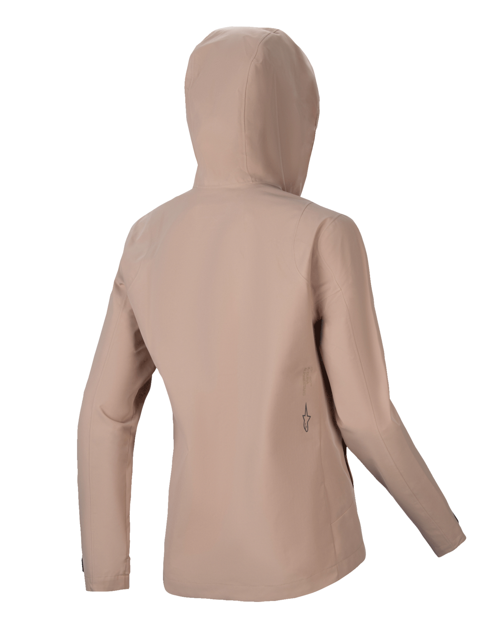 Alpinestars Stella A-Dura Rain Jacket, Women's Cycling Rain Jacket, Light Brown, back view featuring the hood and a clean silhouette, subtle black logo detail on the lower back, waterproof 2.5-layer technical construction for MTB