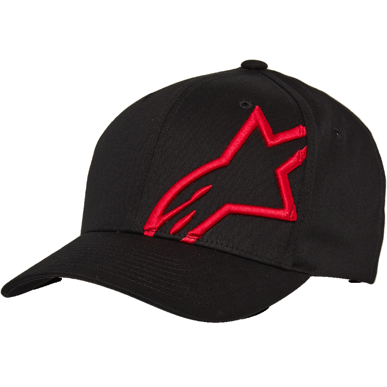 Alpinestars Corp Shift 2 Curved Brim Baseball Cap, Black with a large red flat-embroidered star logo on the front left panel, Flexfit curved brim, six-panel construction, casual motorsport-inspired headwear