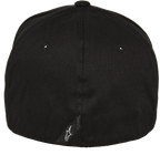 Alpinestars Corp Shift 2 Curved Brim Hat, Black, Rear View featuring small white Astars logo on diagonal suede label, Flexfit casual motorsport-inspired headwear
