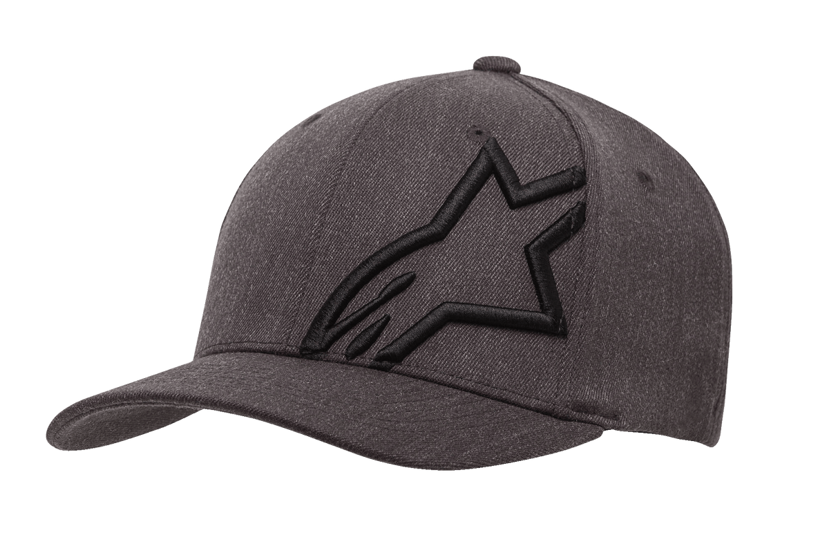 Alpinestars Corp Shift 2 Curved Bill Kappe, Baseball-Kappe in Dunkelgrau meliert und Schwarz, mit einem großen, schwarz bestickten Stern-Logo auf der linken Vorderseite, gebogenem Schirm, strukturiertem Stoff mit Belüftungslöchern, lässige vom Motorsport inspirierte Kopfbedeckung.
