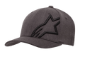Alpinestars Corp Shift 2 Curved Bill Hat, Dark Heather Gray and Black Baseball Cap, featuring a large black embroidered star logo on the front left panel, curved brim design, textured fabric with ventilation holes, casual motorsport-inspired headwear.