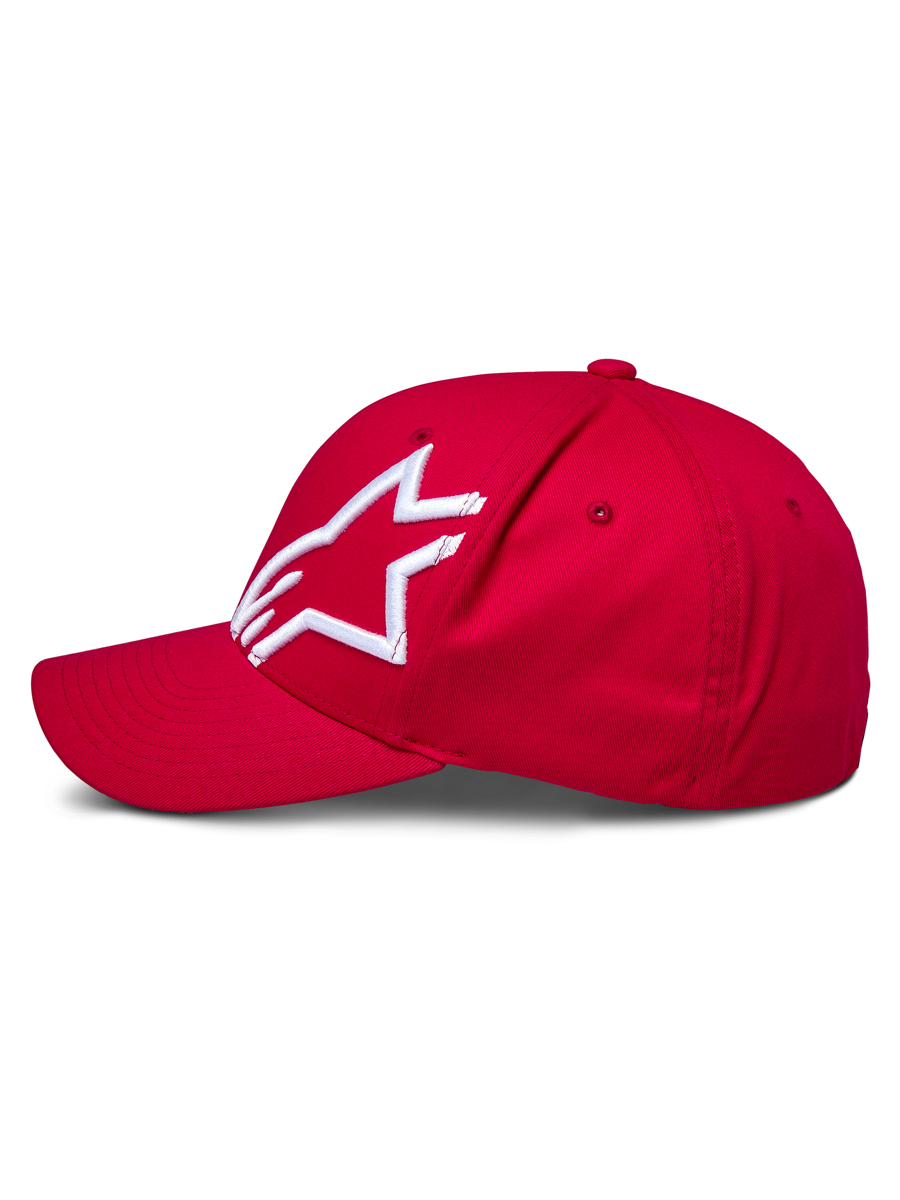Alpinestars Corp Shift 2 Kappe mit gebogenem Schirm, Rot, mit weißem 3D-Sticklogo auf dem linken Panel, Seitenansicht, strukturierte Krone mit gebogenem Schirm, lässige, vom Motorsport inspirierte Kopfbedeckung.