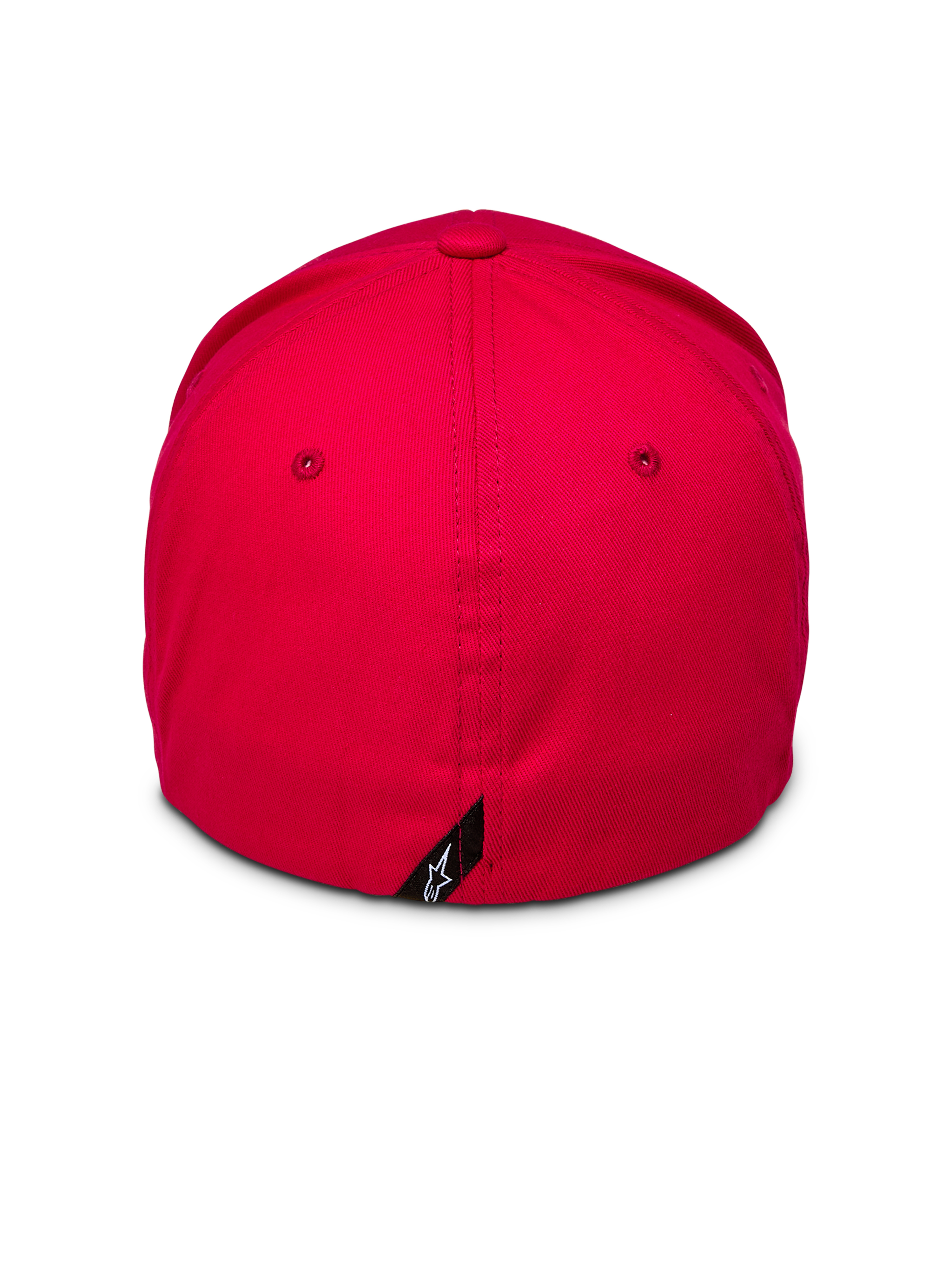 Alpinestars Corp Shift 2 Kappe mit gebogenem Schirm, Rot, Rückansicht zeigt Flex-Back-Design und kleines schwarzes Alpinestars-Logo-Etikett, strukturierte Krone aus rotem Stretch-Twill, lässige Motorsport-Kopfbedeckung