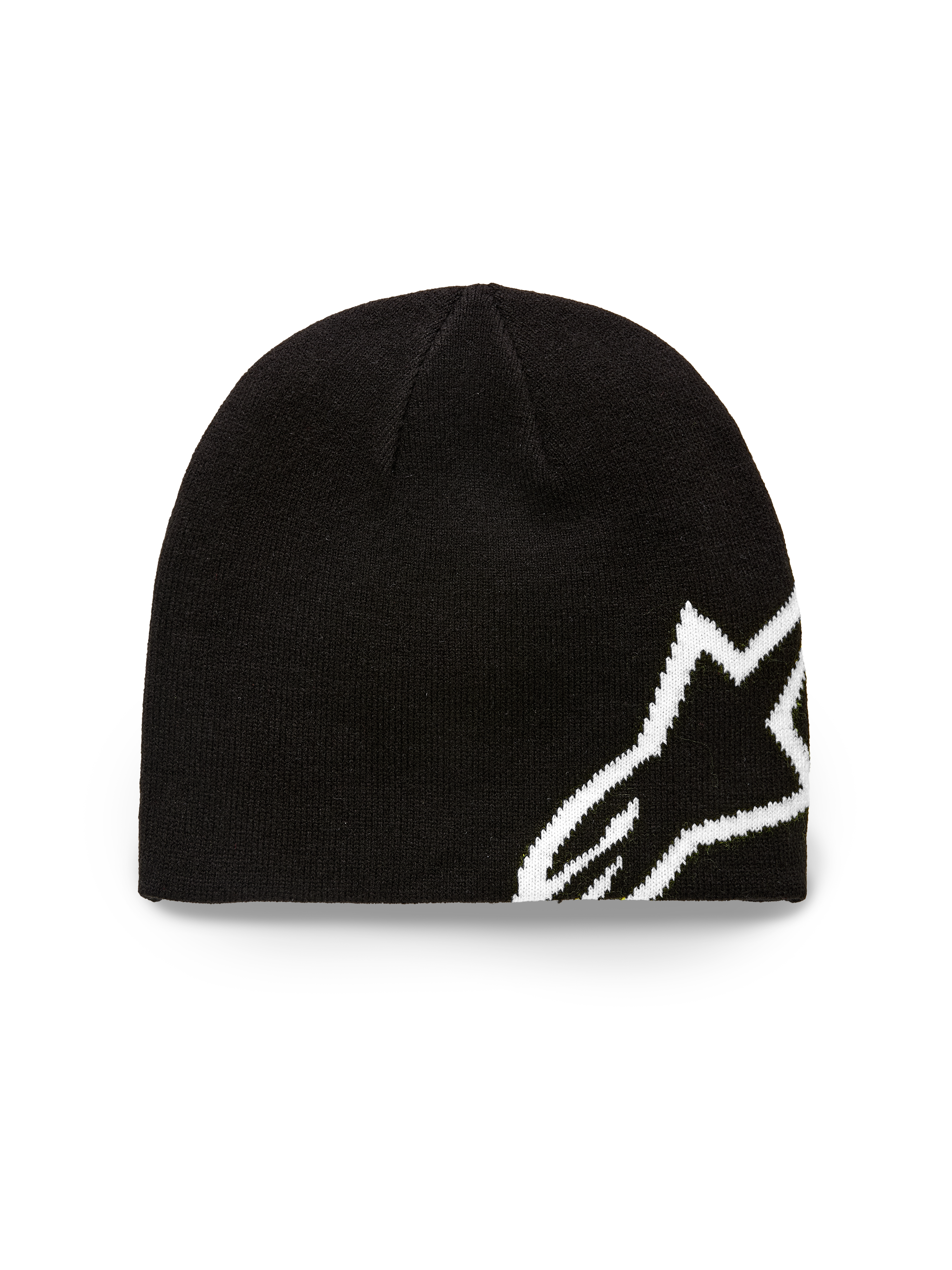 Alpinestars Corp Shift Beanie, schwarze Strickmütze, großes weißes Jacquard-Alpinestars-Logo, Jersey-Strickkonstruktion, lässige, vom Motorsport inspirierte Kopfbedeckung