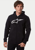 Alpinestars Ageless Zip V3 Hoodie, Kapuzenjacke mit Reißverschluss, Schwarz und Weiß, mit großem weißen Alpinestars Brustlogo, Kapuze mit Kordelzug und durchgehendem Reißverschluss, lässige Lifestyle-Streetwear