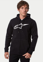 Alpinestars Ageless Zip V3 Hoodie, Kapuzenjacke mit Reißverschluss, Schwarz und Weiß, mit großem weißen Alpinestars Brustlogo, Kapuze mit Kordelzug und durchgehendem Reißverschluss, lässige Lifestyle-Streetwear