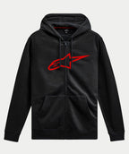 Alpinestars Ageless Zip V3 Hoodie, lässige Streetwear, Schwarz mit großem rotem Alpinestars-Logo auf der Brust, durchgehender Reißverschluss vorne, Kapuze mit Kordelzug, lange Ärmel, Rippbündchen an Ärmeln und Saum