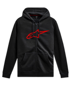 Alpinestars Ageless Zip V3 Hoodie, lässige Motorsport-Streetwear, Schwarz mit rotem Astars-Logo, durchgehender Reißverschluss, Kapuze mit Kordelzug, lange Ärmel, Rippbündchen an Ärmeln und Saum
