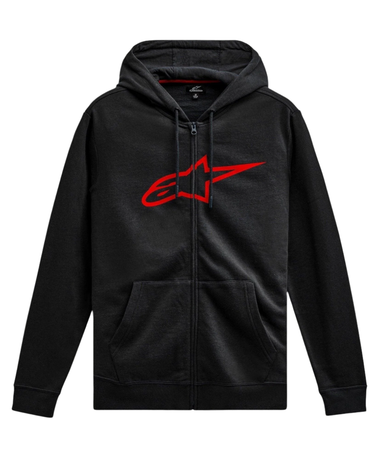 Alpinestars Ageless Zip V3 Hoodie, casual motorsport streetwear, black with red Astars logo, full-length zipper, drawstring hood, long sleeves, ribbed cuffs and hem