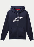 Alpinestars Ageless Zip V3 Hoodie, dunkelblauer Fleece-Kapuzenpullover mit durchgehendem Reißverschluss, großes weißes Alpinestars-Logo auf der Brust, Kapuze mit Kordelzug, Kängurutaschen vorne, lässige vom Motorsport inspirierte Streetwear