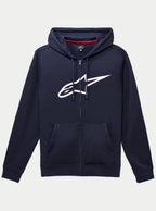 Alpinestars Ageless Zip V3 Hoodie, dunkelblauer Fleece-Kapuzenpullover mit durchgehendem Reißverschluss, großes weißes Alpinestars-Logo auf der Brust, Kapuze mit Kordelzug, Kängurutaschen vorne, lässige vom Motorsport inspirierte Streetwear