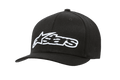 Alpinestars Blaze Flexfit Hat, schwarze Baseball-Cap mit weißem 3D-Sticklogo, gebogener Schirm, strukturierte Six-Panel-Krone mit Belüftungsösen, lässige Motorsport-Kopfbedeckung