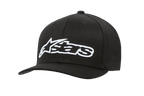 Alpinestars Blaze Flexfit Hat, schwarze Baseball-Cap mit weißem 3D-Sticklogo, gebogener Schirm, strukturierte Six-Panel-Krone mit Belüftungsösen, lässige Motorsport-Kopfbedeckung