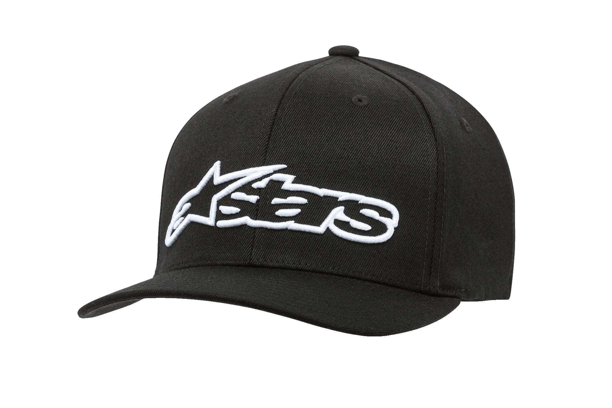 Alpinestars Blaze Flexfit Hat, schwarze Baseball-Cap mit weißem 3D-Sticklogo, gebogener Schirm, strukturierte Six-Panel-Krone mit Belüftungsösen, lässige Motorsport-Kopfbedeckung