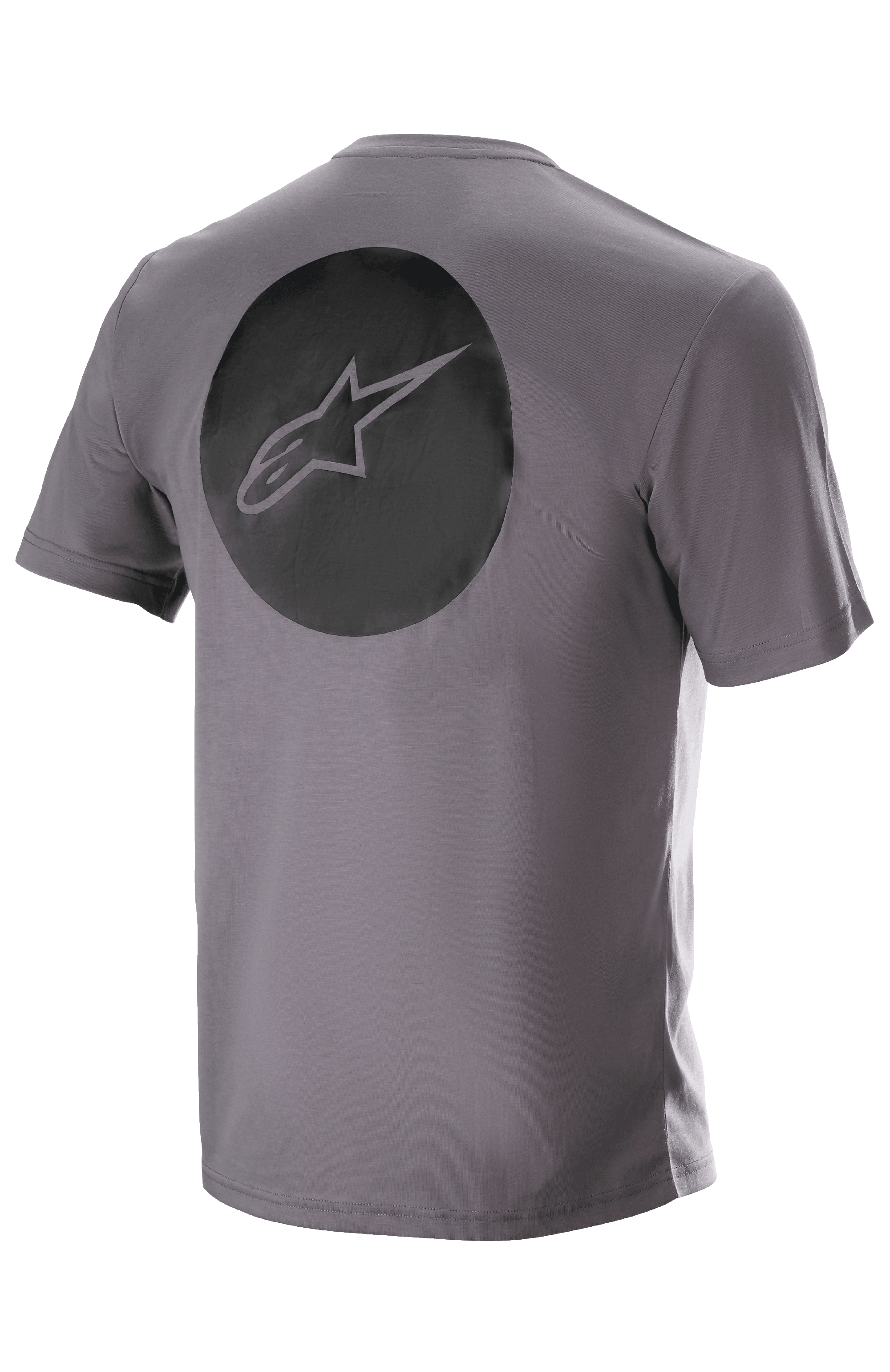 Alpinestars Dot Tech Tee, Kurzarm, Sparrow Gray, Rückansicht mit einer großen schwarzen kreisförmigen Grafik und dem Alpinestars-Sternlogo, technische feuchtigkeitsableitende MTB-Bekleidung