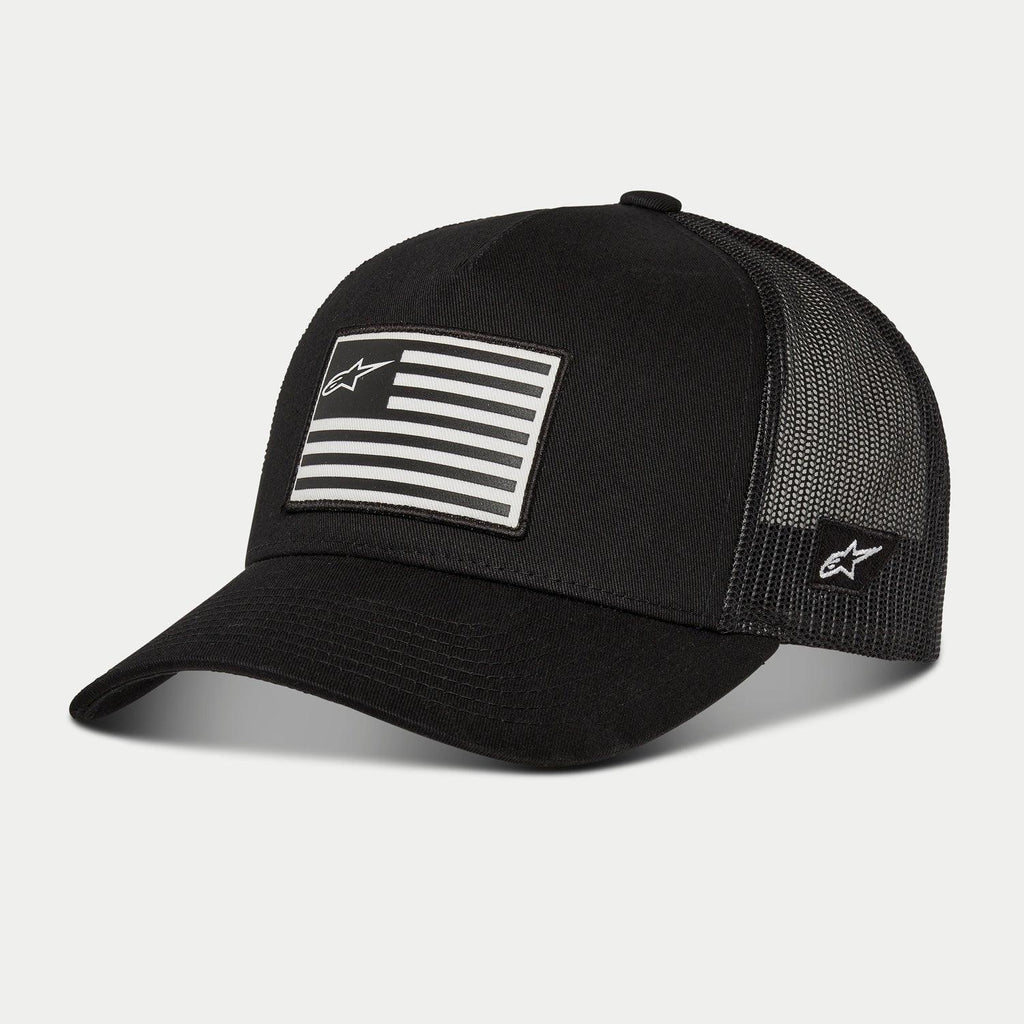 Alpinestars Flag Snapback Mütze, Schwarz, Baseball-Cap mit schwarzer Mesh-Rückseite und gebogenem Schirm, vorne aufgedruckter Flaggen-Aufnäher mit Alpinestars-Logo, seitliche Logo-Stickerei, lässige, vom Motorsport inspirierte Kopfbedeckung