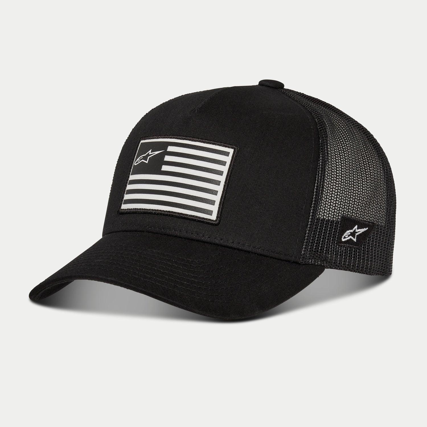 Alpinestars Flag Snapback Mütze, Schwarz, Baseball-Cap mit schwarzer Mesh-Rückseite und gebogenem Schirm, vorne aufgedruckter Flaggen-Aufnäher mit Alpinestars-Logo, seitliche Logo-Stickerei, lässige, vom Motorsport inspirierte Kopfbedeckung