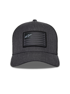 Alpinestars Flag Snapback Hat, Charcoal Heather and Black, front view featuring a structured crown and curved bill, rectangular flag-style patch with Alpinestars logo and stripes, casual motorsport streetwear