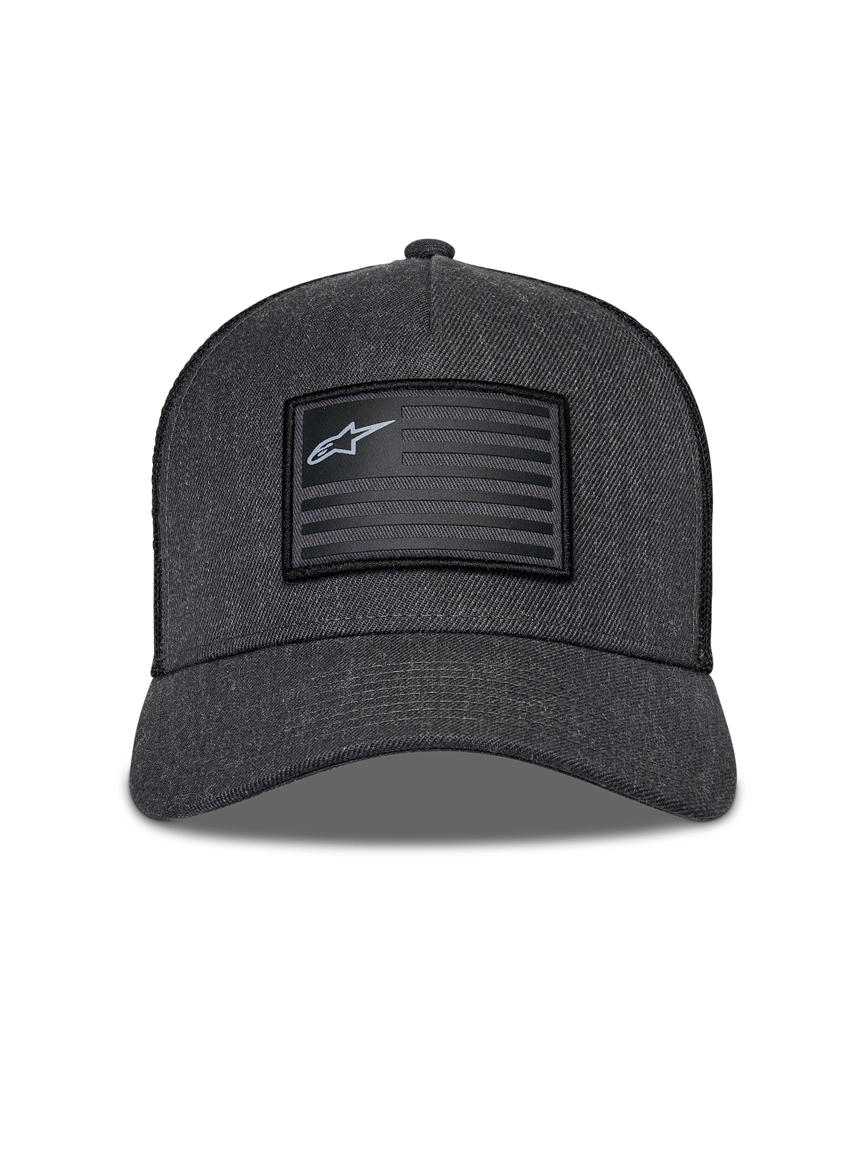 Alpinestars Flag Snapback Hat, Charcoal Heather and Black, front view featuring a structured crown and curved bill, rectangular flag-style patch with Alpinestars logo and stripes, casual motorsport streetwear