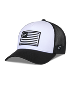 Alpinestars Flag Snapback Hat, Weiß und Schwarz, strukturierte Krone mit gebogenem Schirm, weiße Vorderseite und schwarze Mesh-Rückseite, rechteckiger Logo-Patch im Flaggen-Stil, lässige vom Motorsport inspirierte Kopfbedeckung