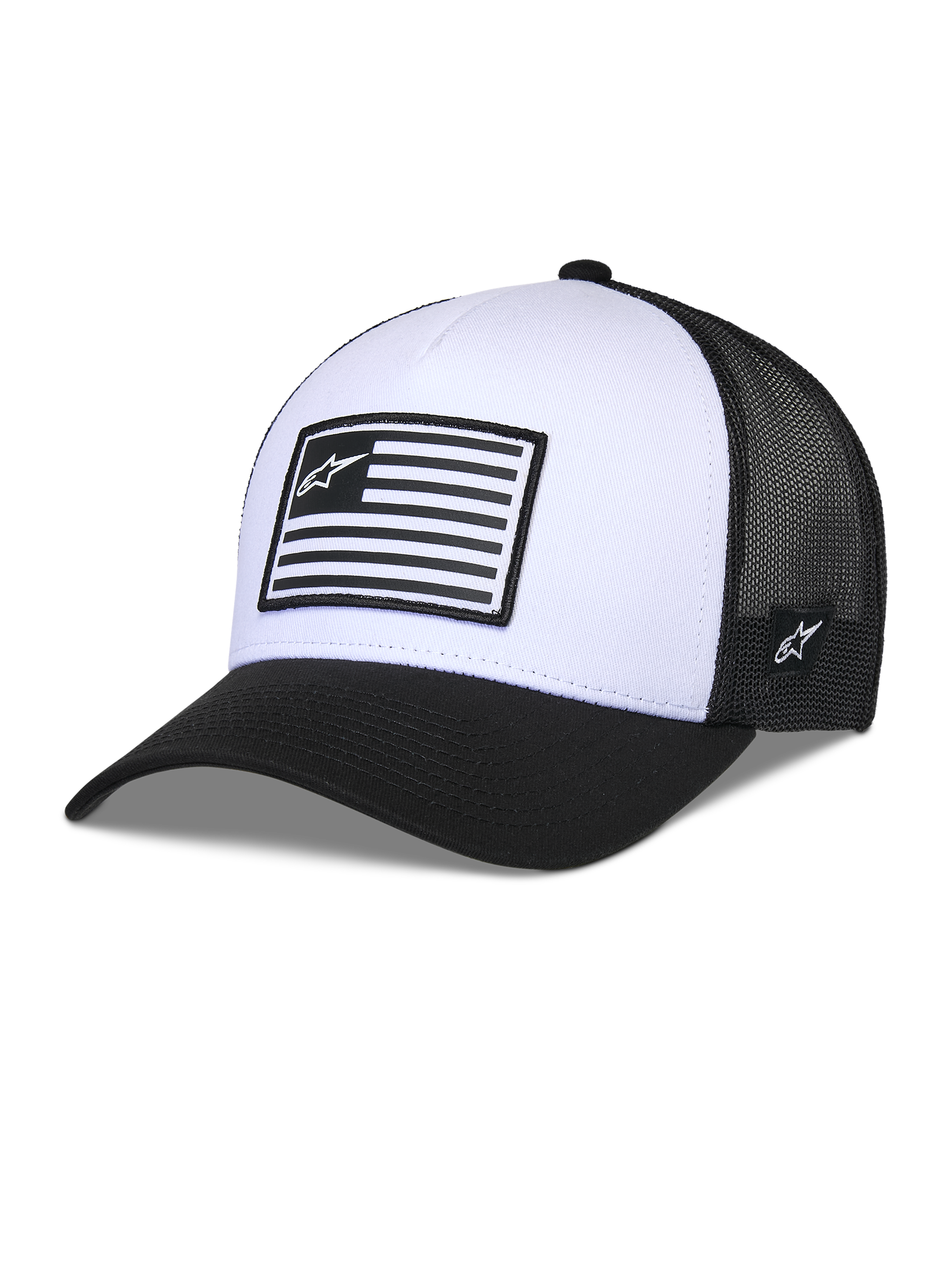 Alpinestars Flag Snapback Hat, Weiß und Schwarz, strukturierte Krone mit gebogenem Schirm, weiße Vorderseite und schwarze Mesh-Rückseite, rechteckiger Logo-Patch im Flaggen-Stil, lässige vom Motorsport inspirierte Kopfbedeckung