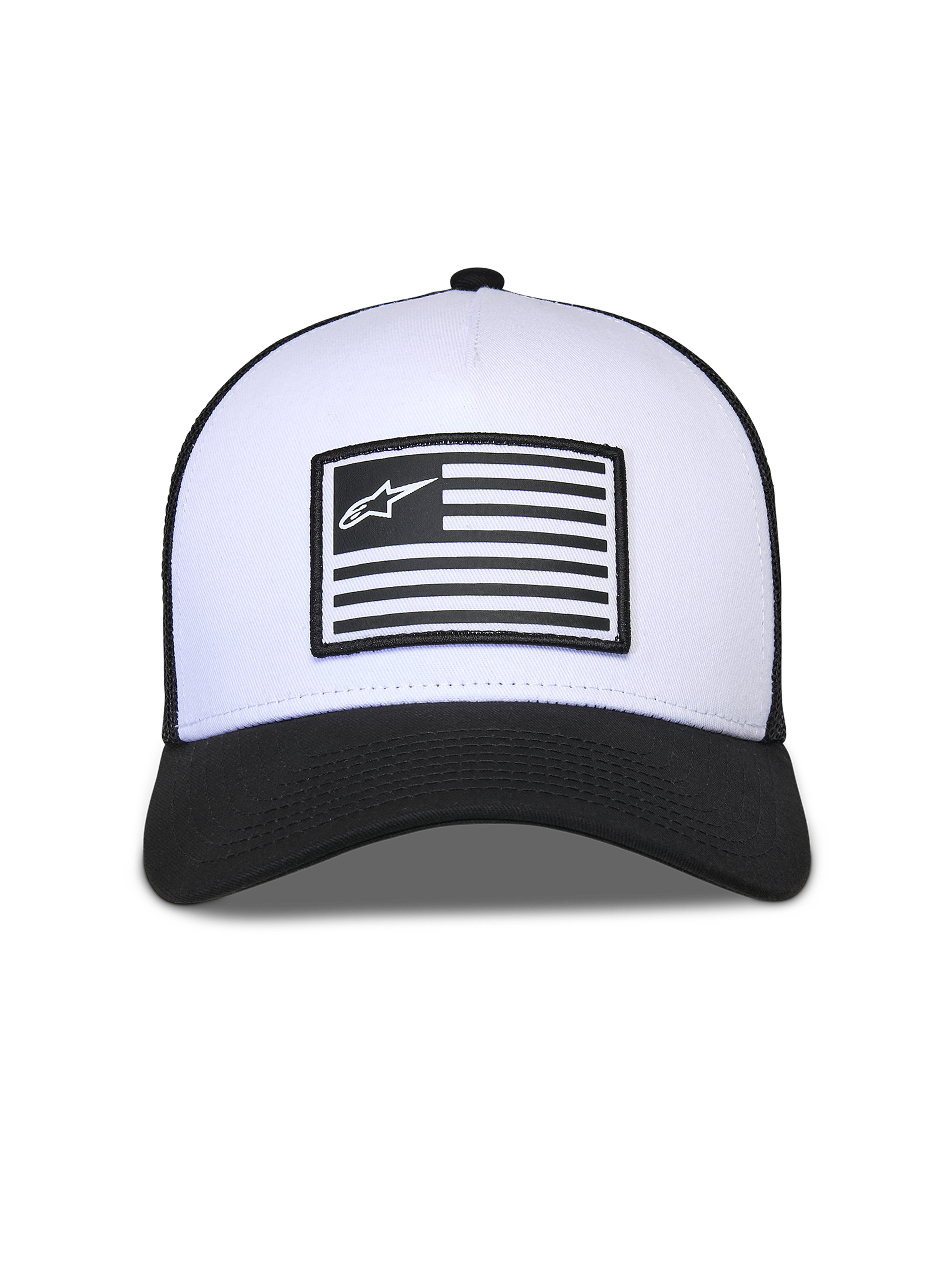Alpinestars Flag Snapback Kappe, Weiß und Schwarz, strukturierte weiße Krone mit schwarzem gebogenem Schirm und Mesh-Rückseite, zentraler Flaggen-Aufnäher mit Alpinestars-Logo, lässige Motorsport-Kopfbedeckung
