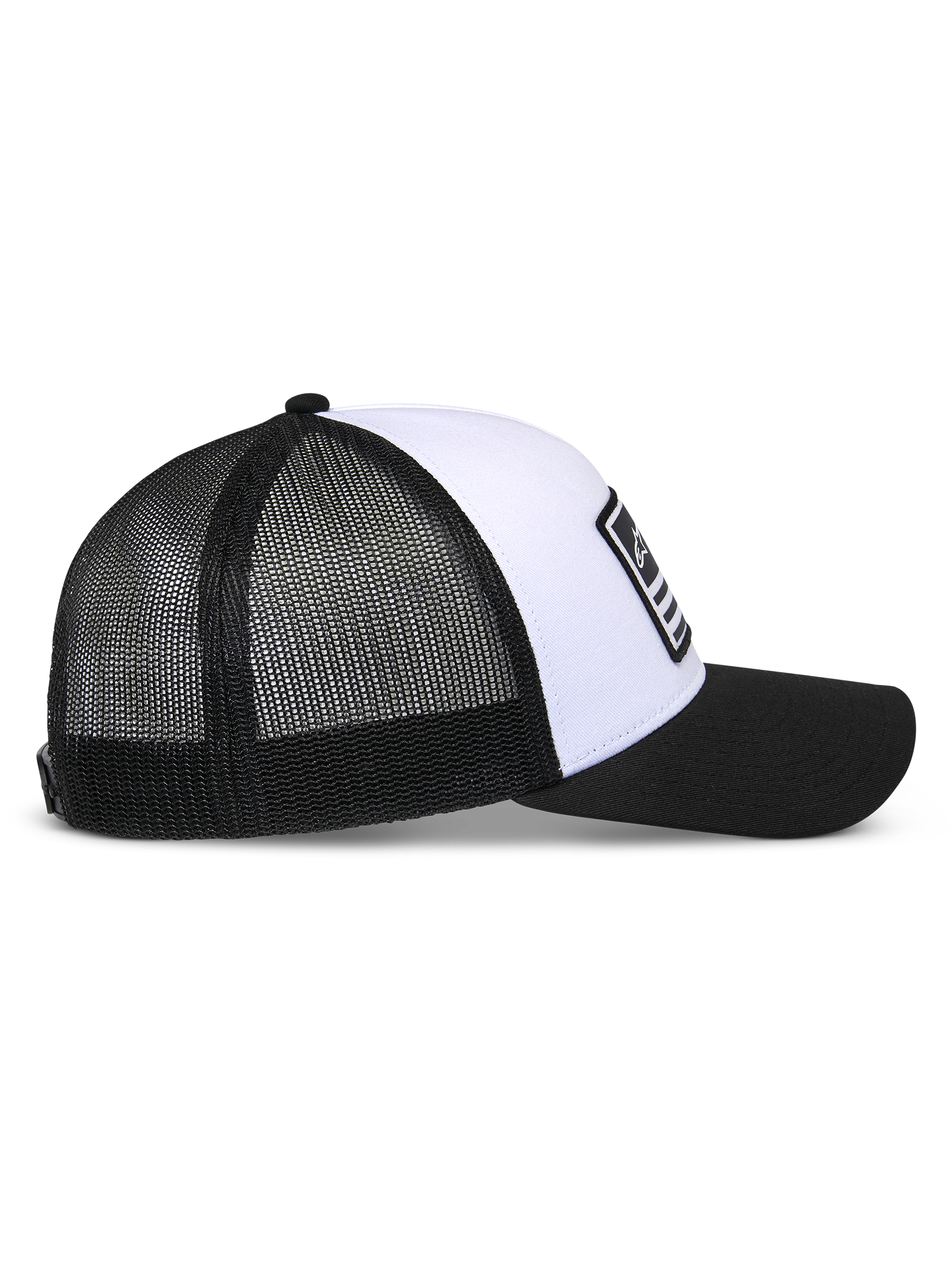 Alpinestars Flag Snapback Mütze, Weiß und Schwarz, Seitenansicht, strukturierte weiße Krone mit schwarzem gebogenem Schirm, atmungsaktive schwarze Mesh-Einsätze auf der Rückseite, lässige motorsport-inspirierte Kopfbedeckung
