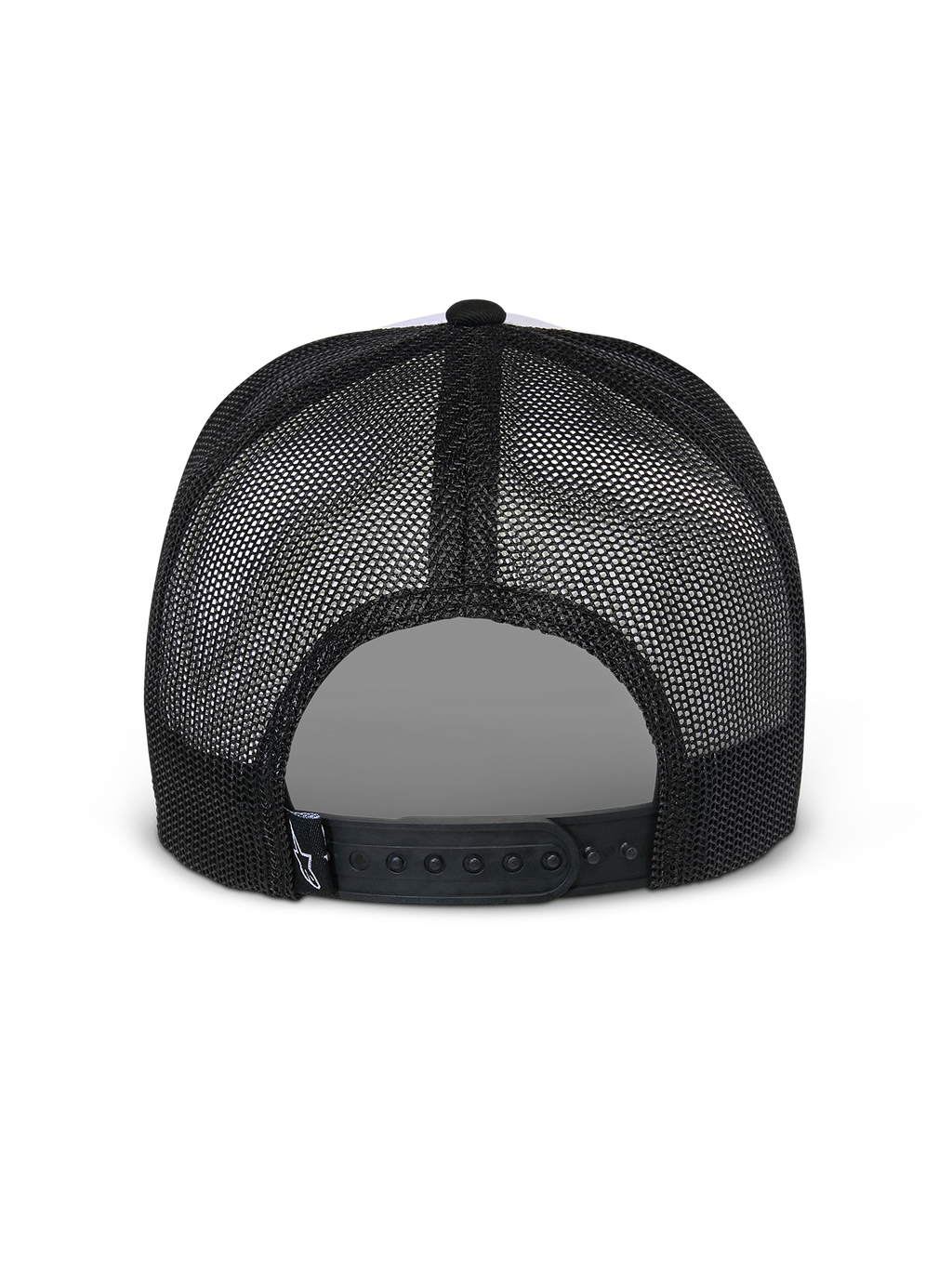Alpinestars Flag Snapback Mütze, Weiß und Schwarz, Rückansicht mit schwarzen Mesh-Einsätzen und verstellbarem Snapback-Verschluss, lässige Motorsport-Kopfbedeckung