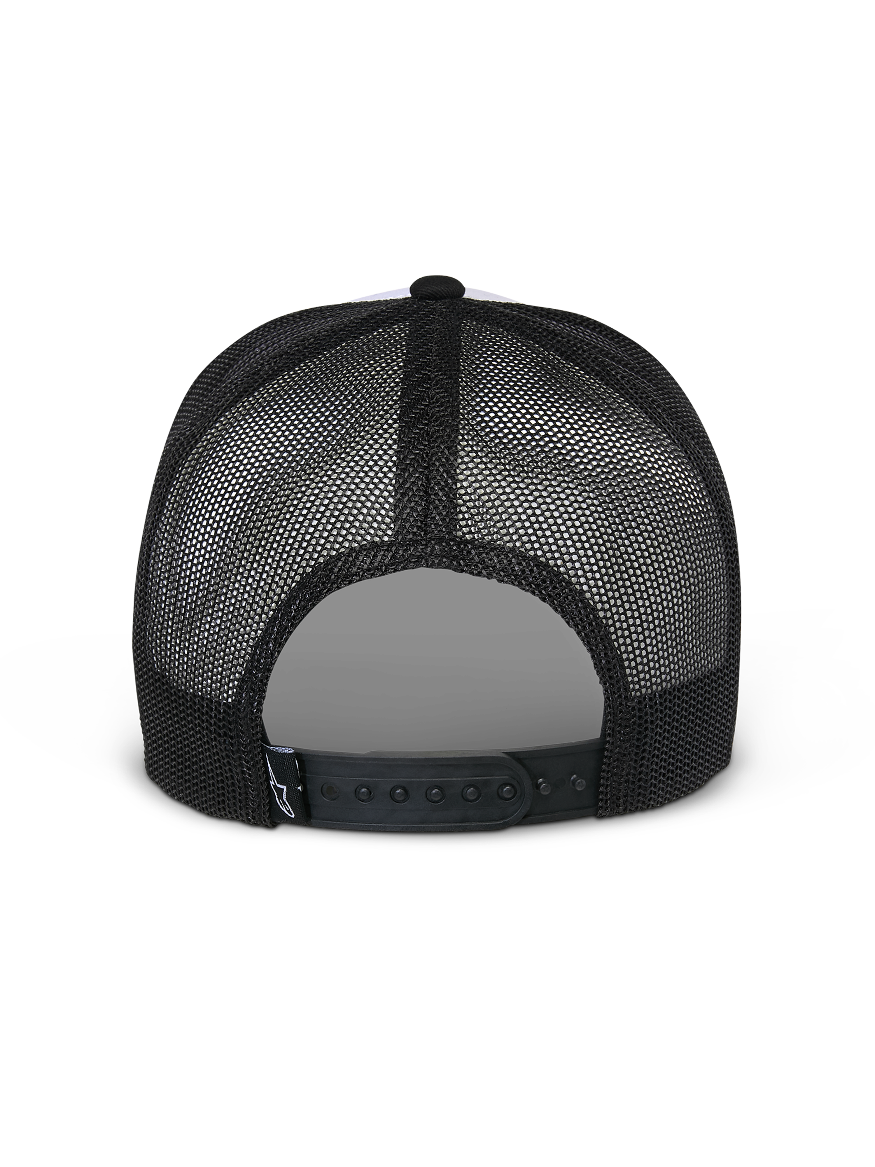 Alpinestars Flag Snapback Mütze, Weiß und Schwarz, Rückansicht mit schwarzen Mesh-Einsätzen und verstellbarem Snapback-Verschluss, lässige Motorsport-Kopfbedeckung