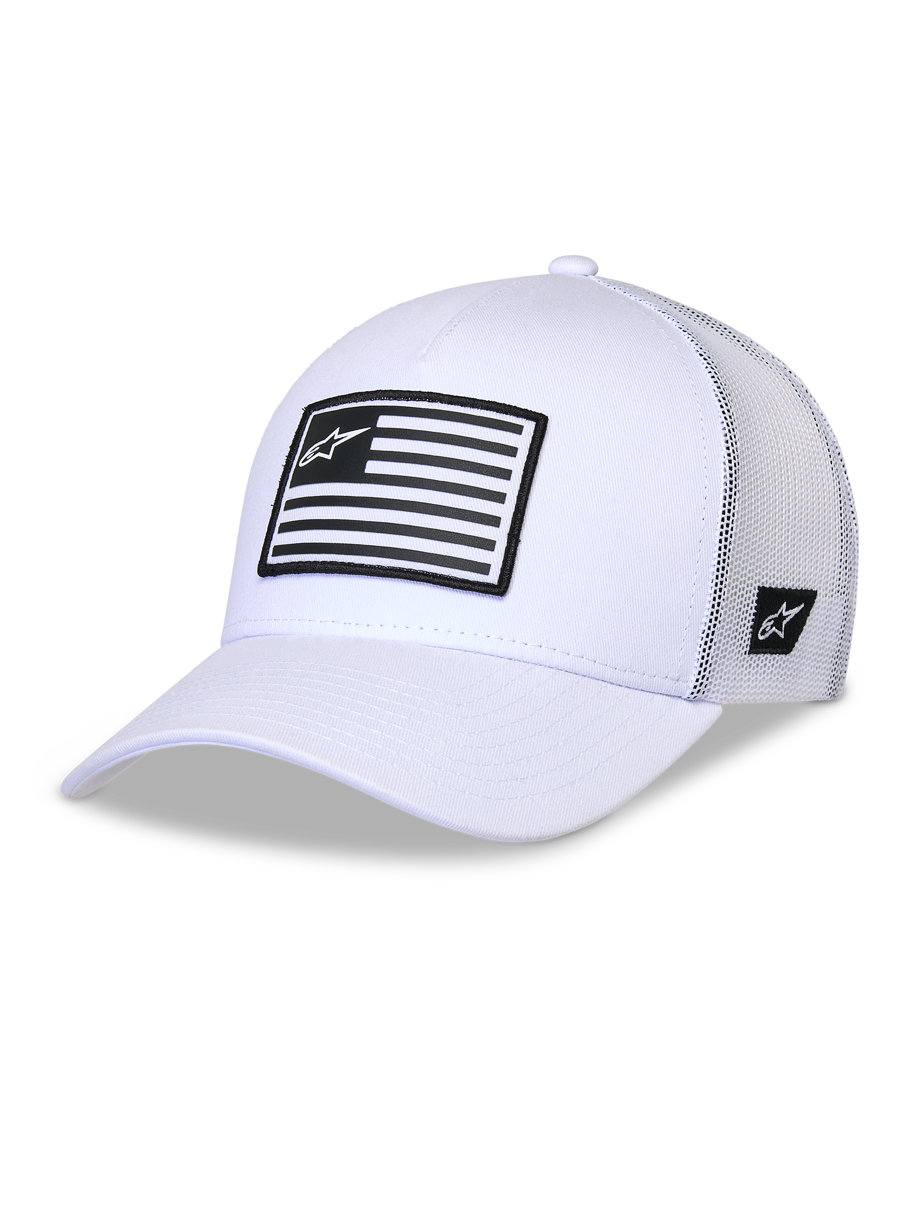 Alpinestars Flag Snapback Hat, weiße Trucker-Kappe, strukturierte Krone mit gebogenem Schirm, weiße Mesh-Rückseite, schwarz-weiß gestreifter Patch mit Logo auf der Vorderseite, lässige vom Motorsport inspirierte Kopfbedeckung