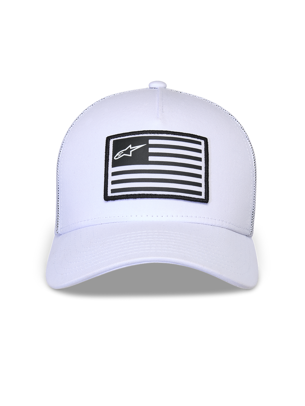 Alpinestars Flag Snapback Kappe, Weiß, strukturierte Krone mit gebogenem Schirm, rechteckiger schwarz-weißer Aufnäher mit Alpinestars-Logo auf der Vorderseite, lässige vom Motorsport inspirierte Kopfbedeckung