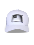 Alpinestars Flag Snapback Kappe, Weiß, strukturierte Krone mit gebogenem Schirm, rechteckiger schwarz-weißer Aufnäher mit Alpinestars-Logo auf der Vorderseite, lässige vom Motorsport inspirierte Kopfbedeckung