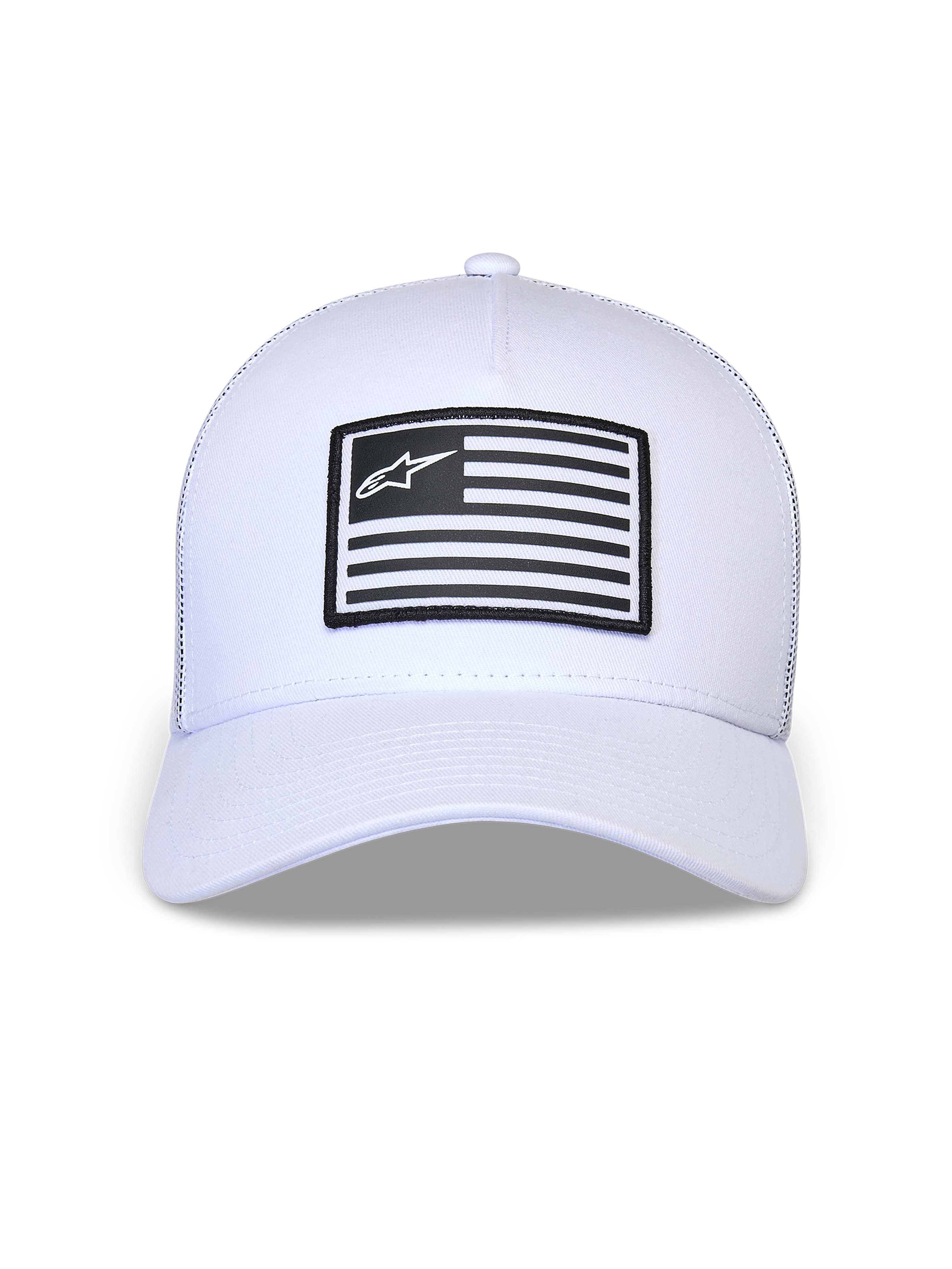 Alpinestars Flag Snapback Kappe, Weiß, strukturierte Krone mit gebogenem Schirm, rechteckiger schwarz-weißer Aufnäher mit Alpinestars-Logo auf der Vorderseite, lässige vom Motorsport inspirierte Kopfbedeckung